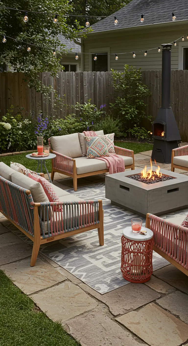 Salon de jardin avec canapés et fauteuils en bois clair et corde tressée colorée, coussins ethniques, tapis d'extérieur et un brasero central avec guirlandes lumineuses.