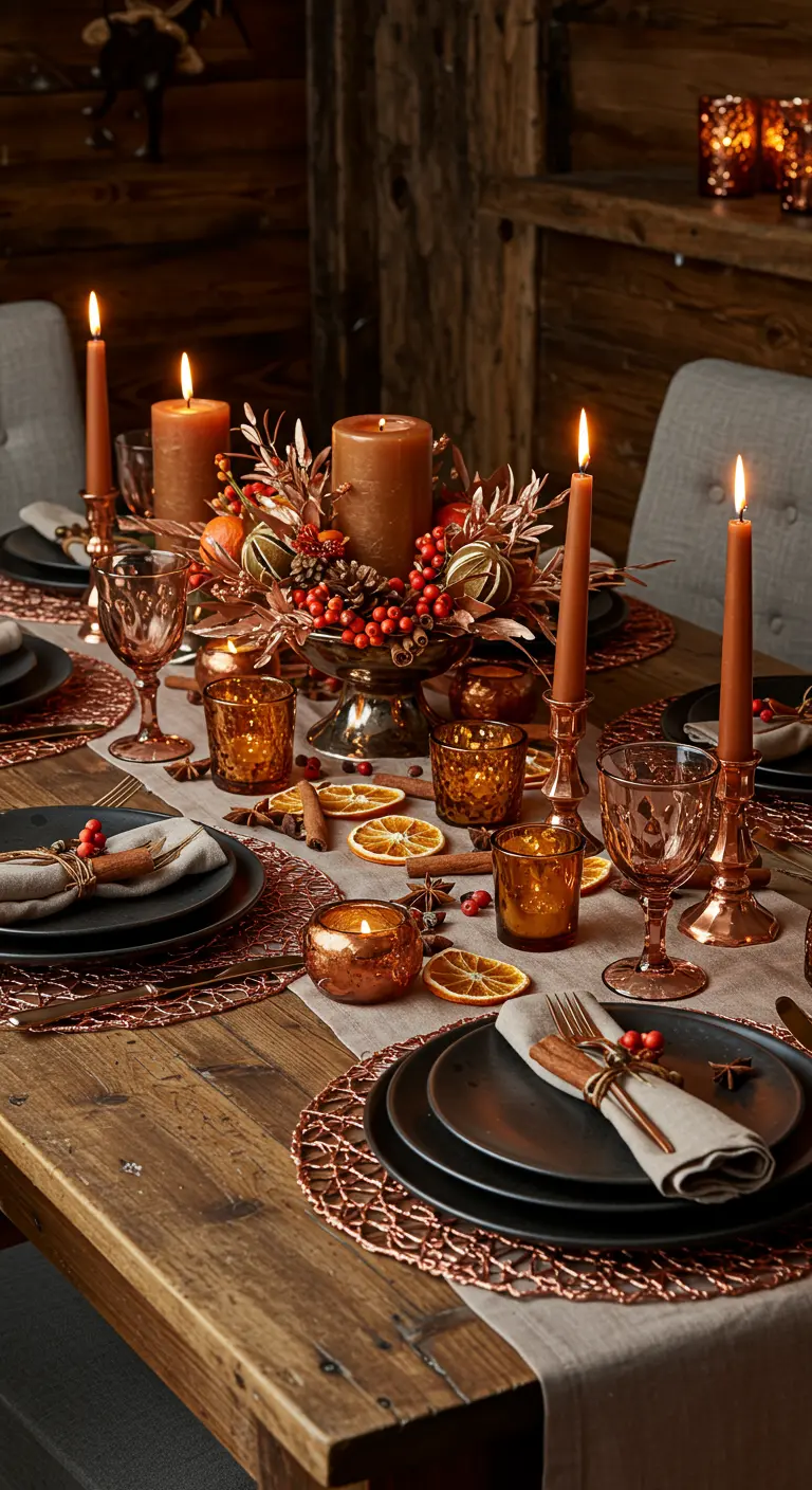 Table en bois décorée de tons cuivrés, bougies cannelle, baies rouges et rondelles d'orange séchées.
