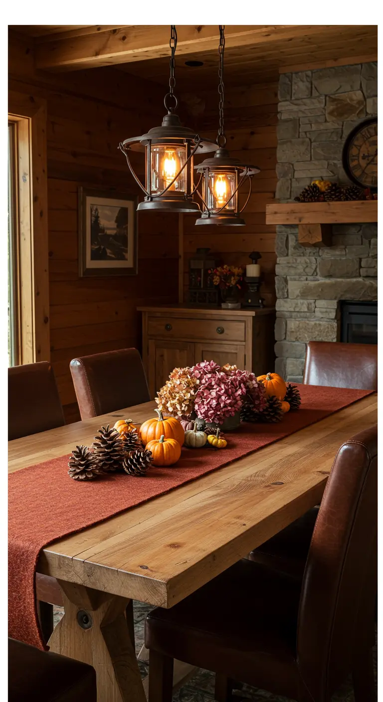 Chemin de table terracotta avec citrouilles, pommes de pin et fleurs séchées pour l'automne.