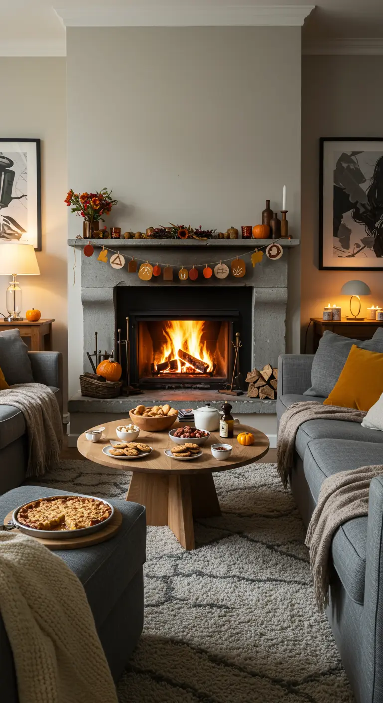 Guirlande de feuilles d'automne et citrouilles miniatures décorant une cheminée allumée.