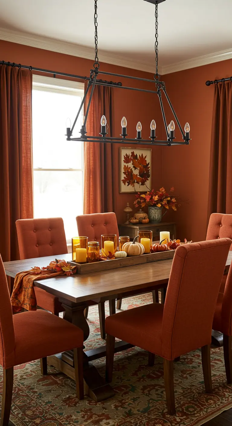 Salle à manger aux couleurs automnales avec un centre de table de citrouilles, feuilles et bougies dans un bac en bois.
