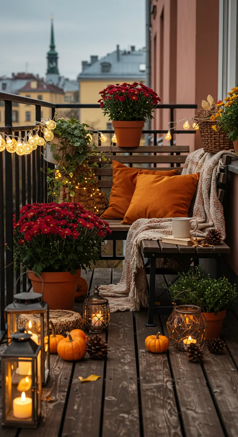 Balcon automnal avec chrysanthèmes, guirlandes lumineuses, lanternes et coussins orange douillets.