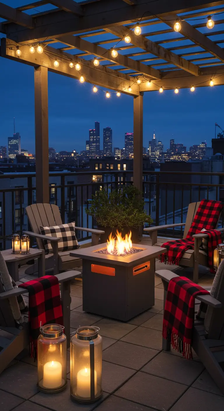 Terrasse sur le toit avec brasero, chaises en bois et plaids à carreaux rouges et noirs. 