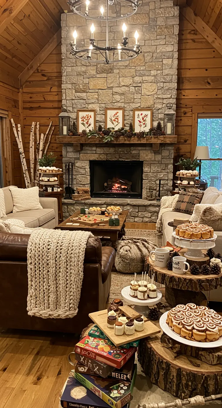 Intérieur chalet en bois avec cheminée, bûches, plaids, buffets de desserts sur rondins de bois.