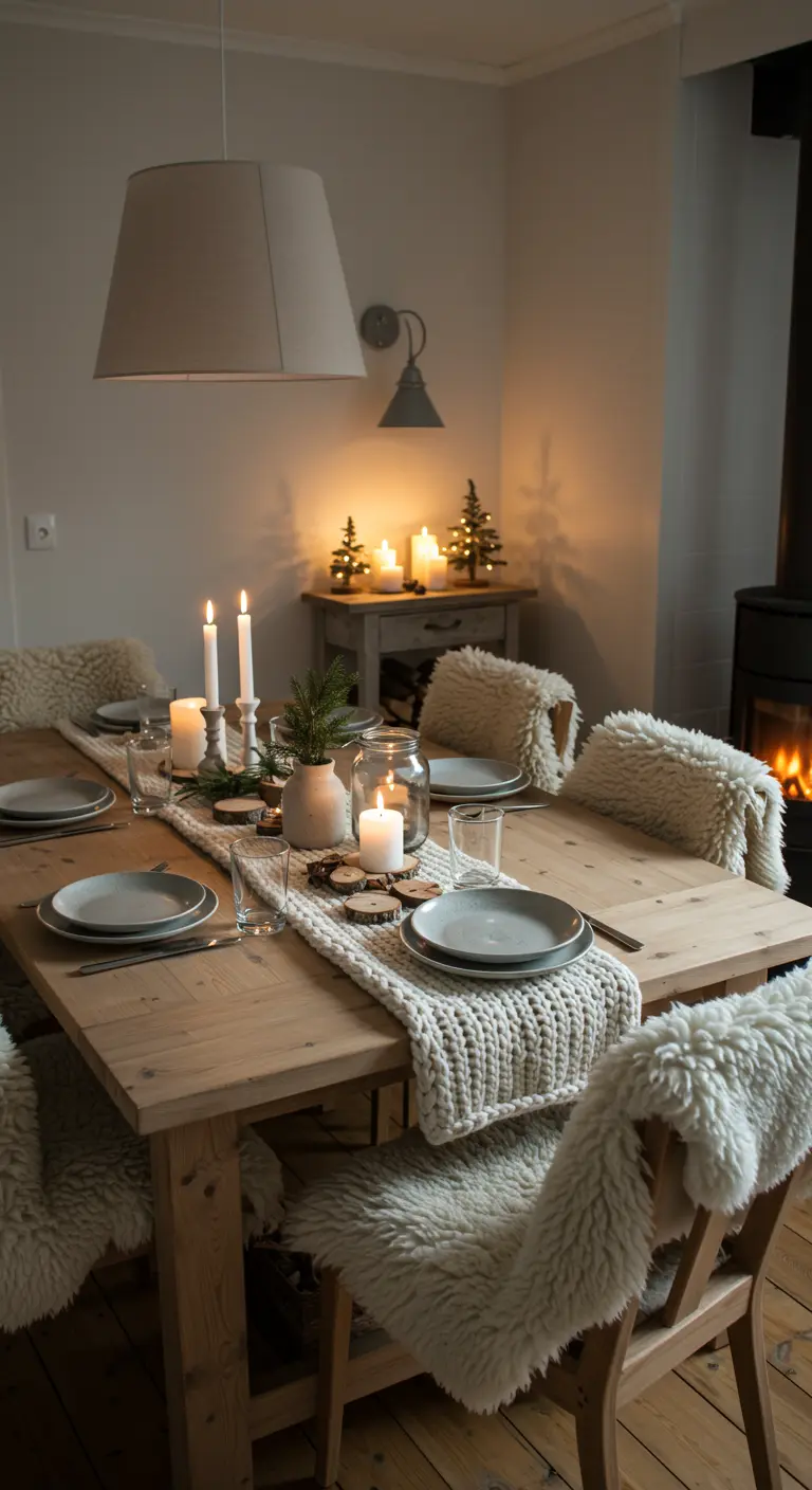 Table en bois clair décorée d'un chemin de table tricoté, bougies, rondins de bois et plaids en fausse fourrure sur les chaises.