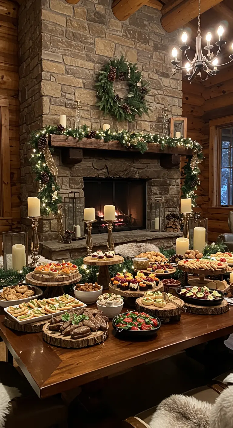 Buffet rustique dans un chalet, cheminée en pierre, guirlandes de sapin, plateaux en bois.