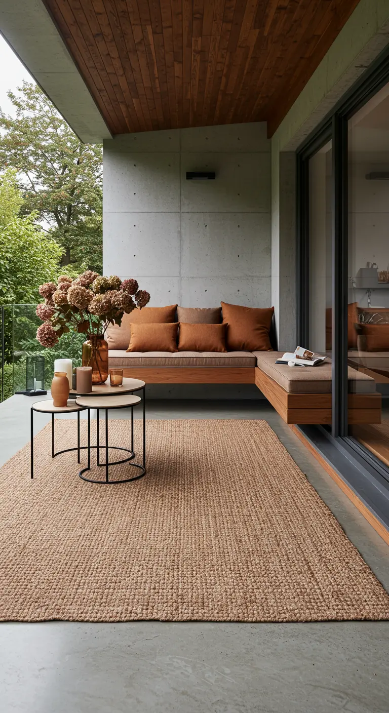 Balcon moderne avec banc en bois, tapis en jute et coussins couleur terre cuite.