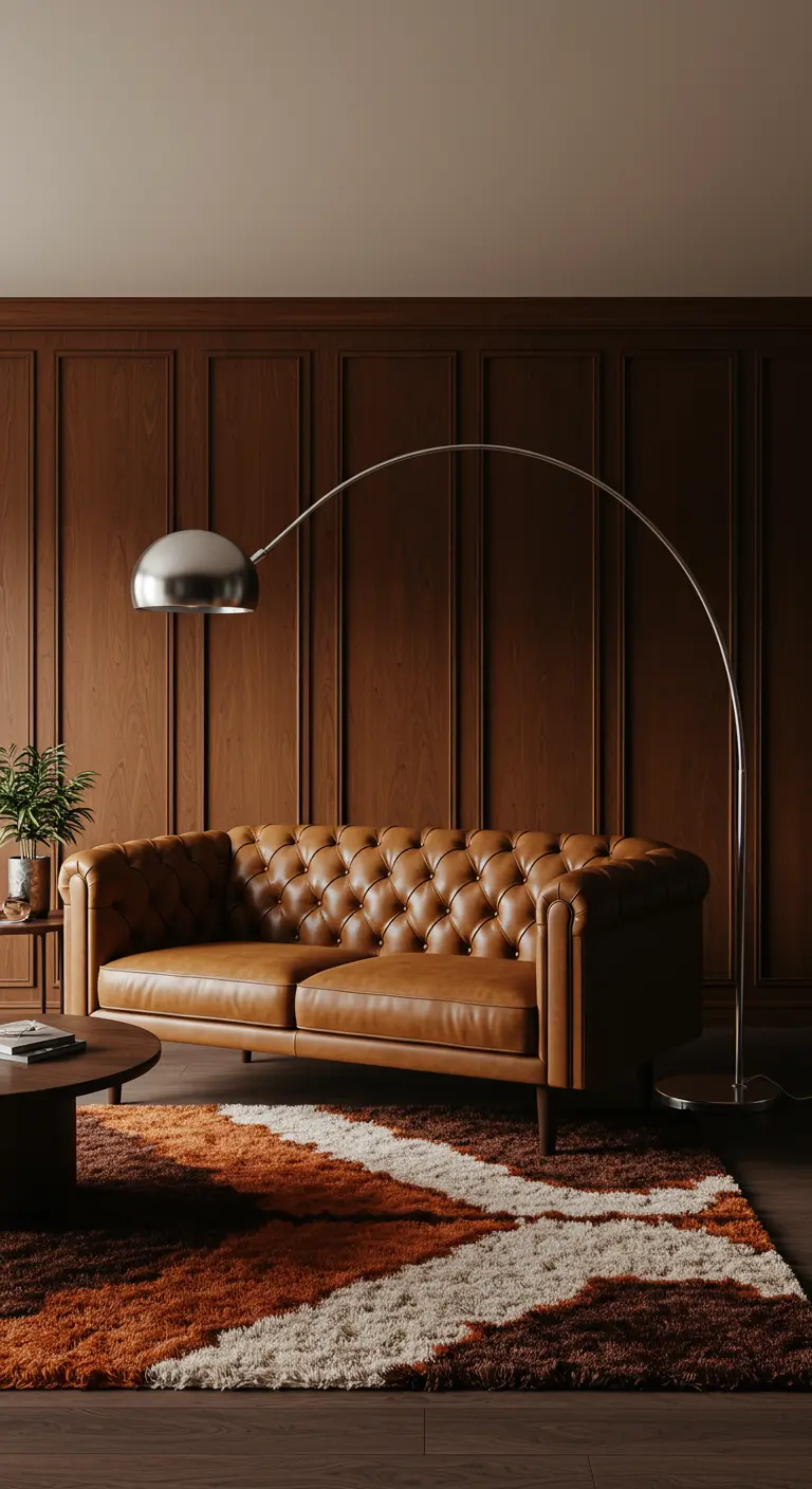 Canapé Chesterfield en cuir marron sur un tapis shaggy multicolore aux tons chauds.