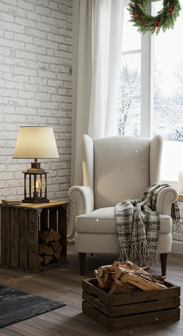 Fauteuil club, plaid écossais, table cagette bois, lampe lanterne, mur briques blanches, bûches.