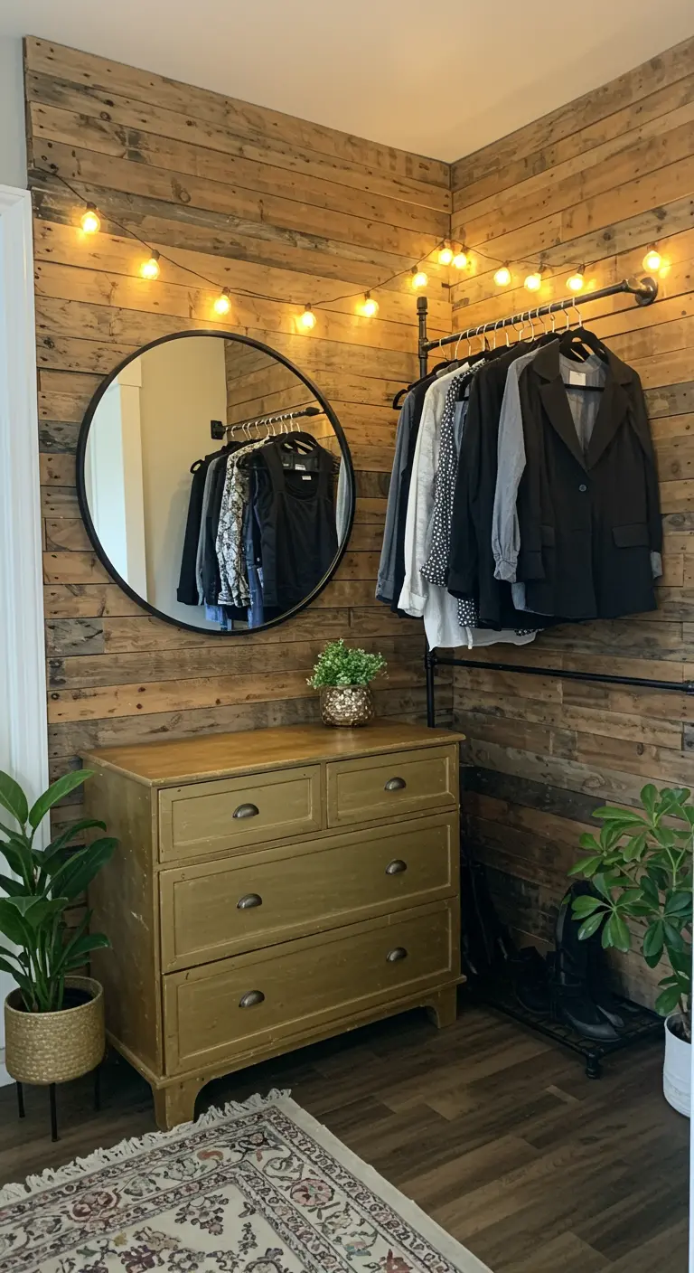 Dressing rustique chic avec mur en bois, commode patinée, miroir rond et guirlandes lumineuses.