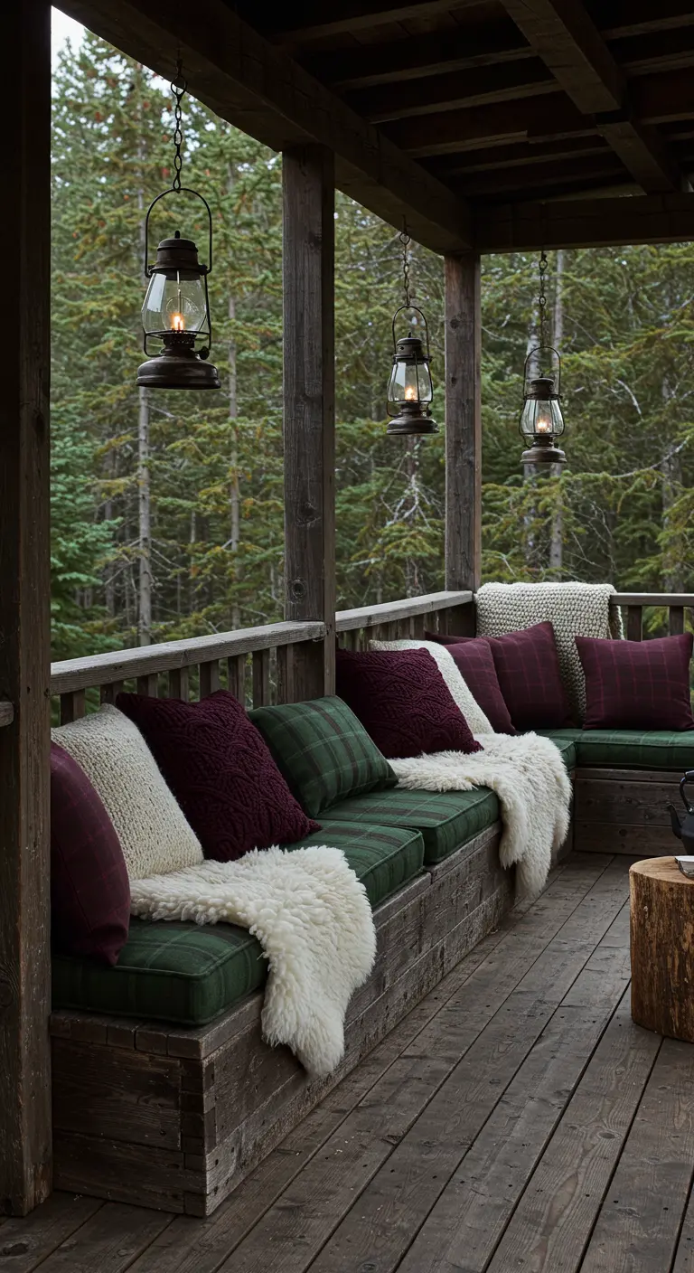 Longue banquette en bois sur porche rustique, coussins à carreaux et plaids en fausse fourrure.