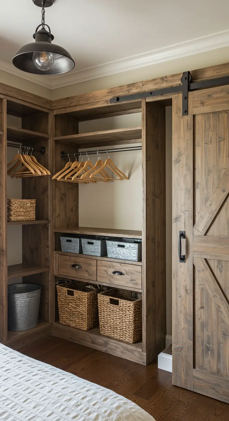 Dressing bois brut rustique avec porte de grange coulissante et paniers.