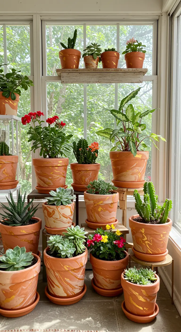 Pots en terre cuite marbrés d'or, remplis de cactus et succulentes près d'une fenêtre.