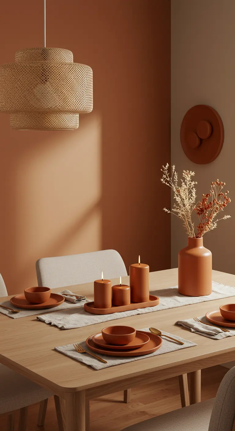 Salle à manger Japandi avec mur terracotta, table en bois clair, suspension en rotin, vaisselle et bougies terracotta.