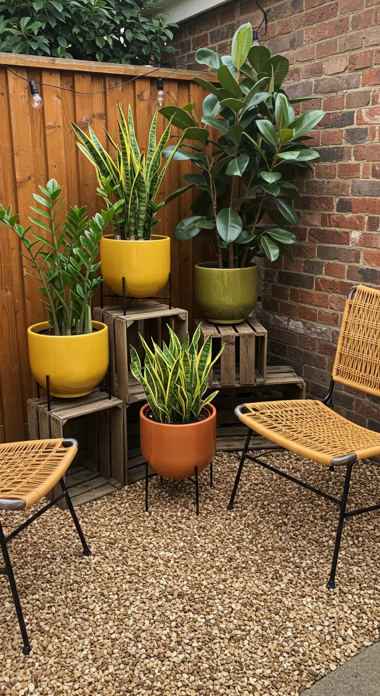 Coin de jardin avec des pots jaunes, vert olive et orange, abritant des plantes graphiques sur des cagettes en bois.