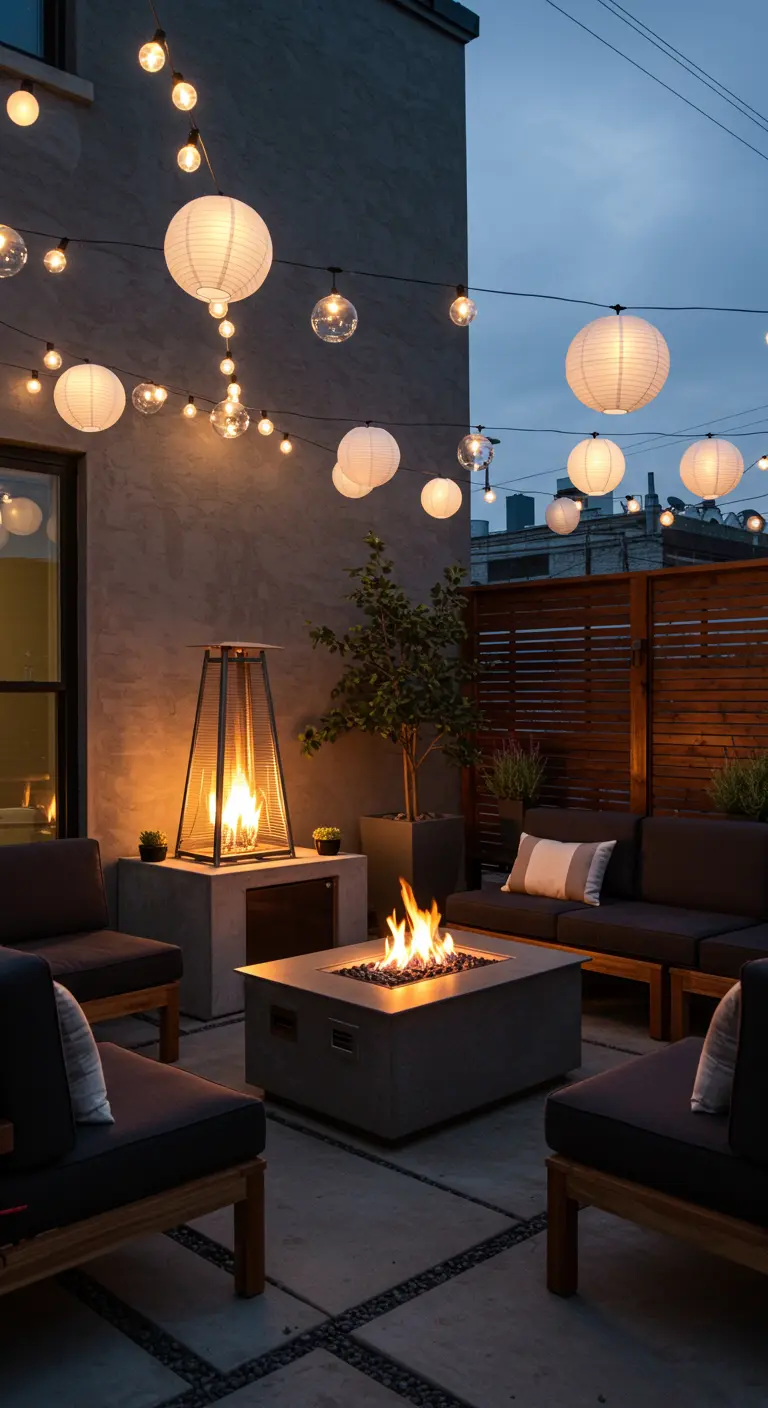 Patio urbain avec brasero, fauteuils sombres et lampions blancs suspendus.