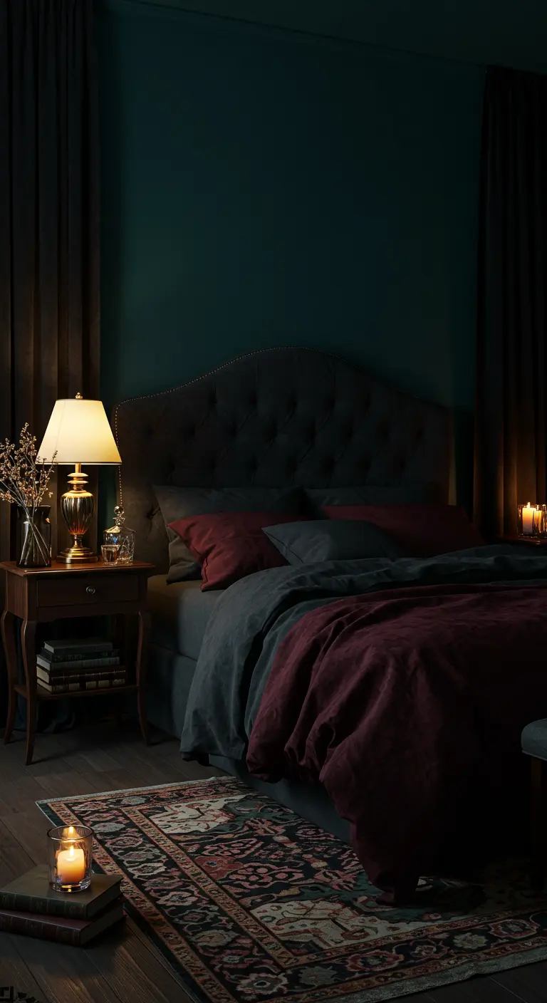 Chambre sombre et luxueuse avec des murs vert émeraude, un grand lit et des bougies.