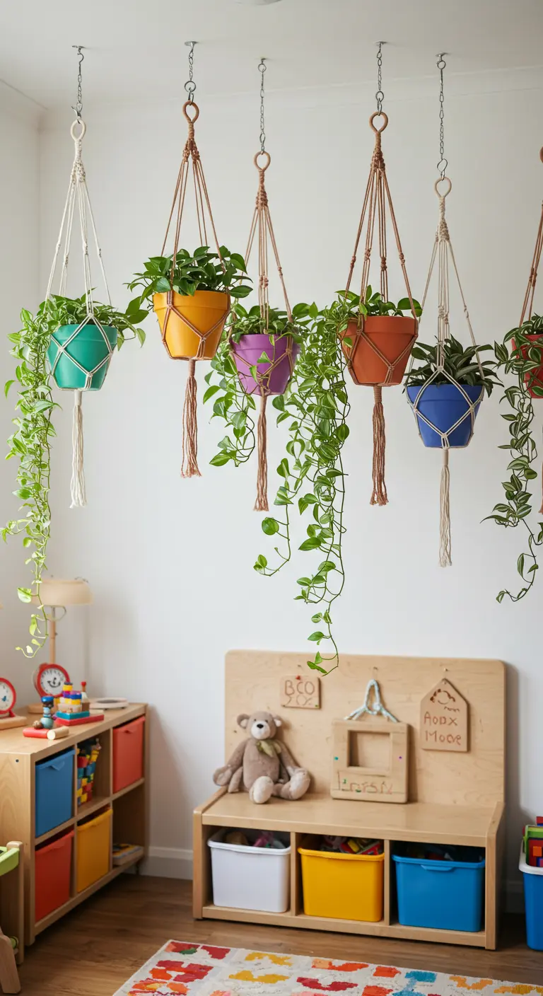 Pots colorés suspendus en macramé avec plantes vertes dans une chambre d'enfant aux meubles en bois clair.