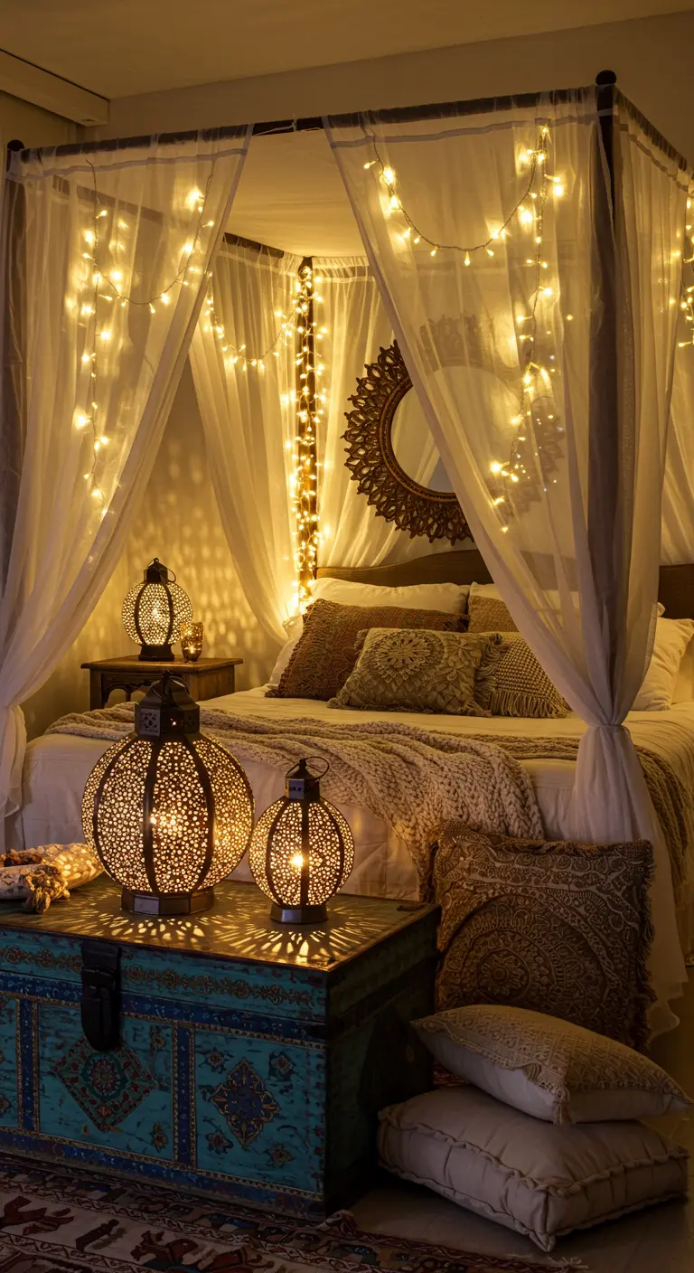 Lit à baldaquin romantique avec voilages blancs et guirlandes lumineuses, lanternes marocaines sur une malle.