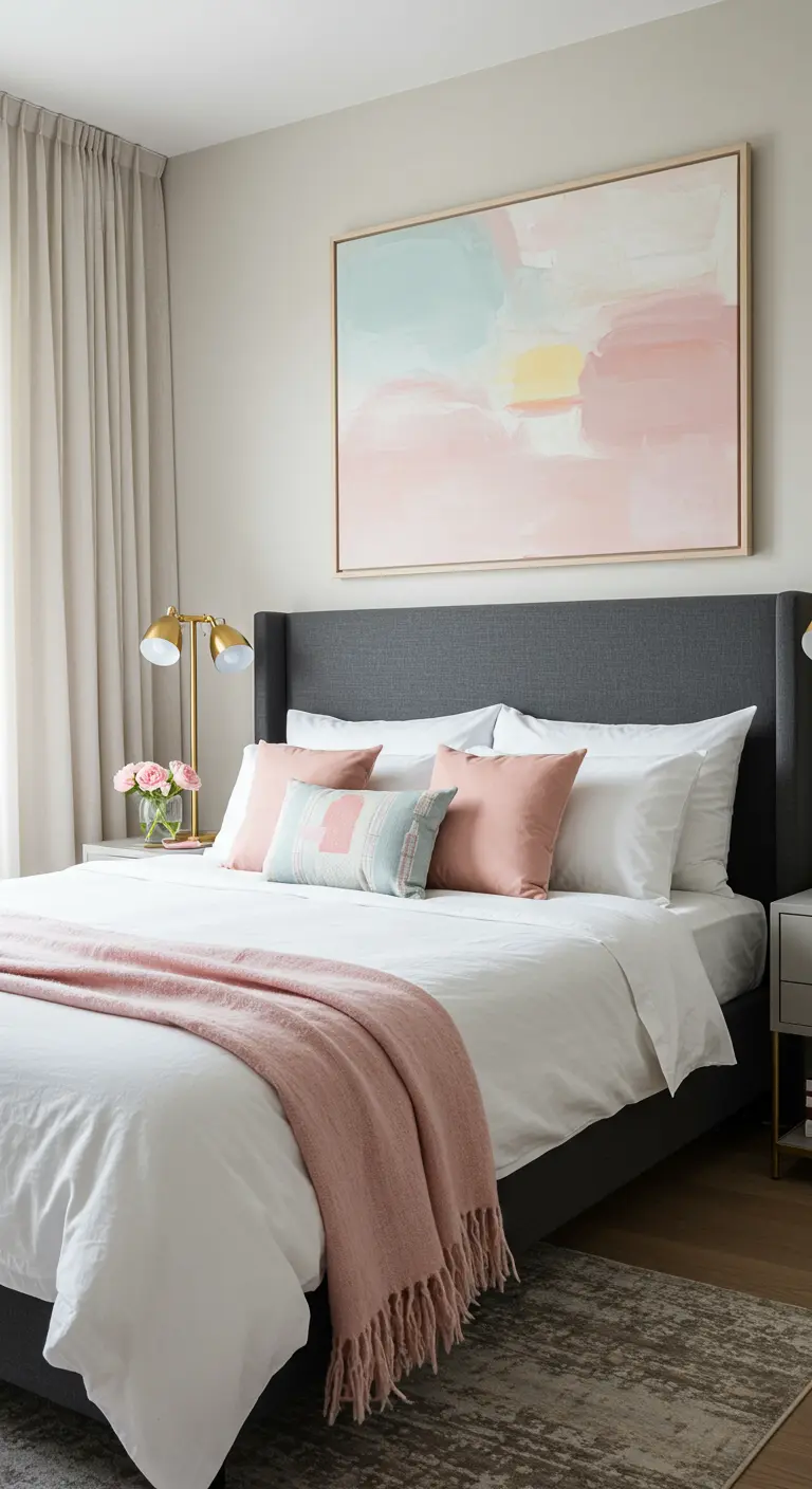 Chambre contemporaine avec lit gris foncé, coussins pastel, plaid rose et art abstrait.