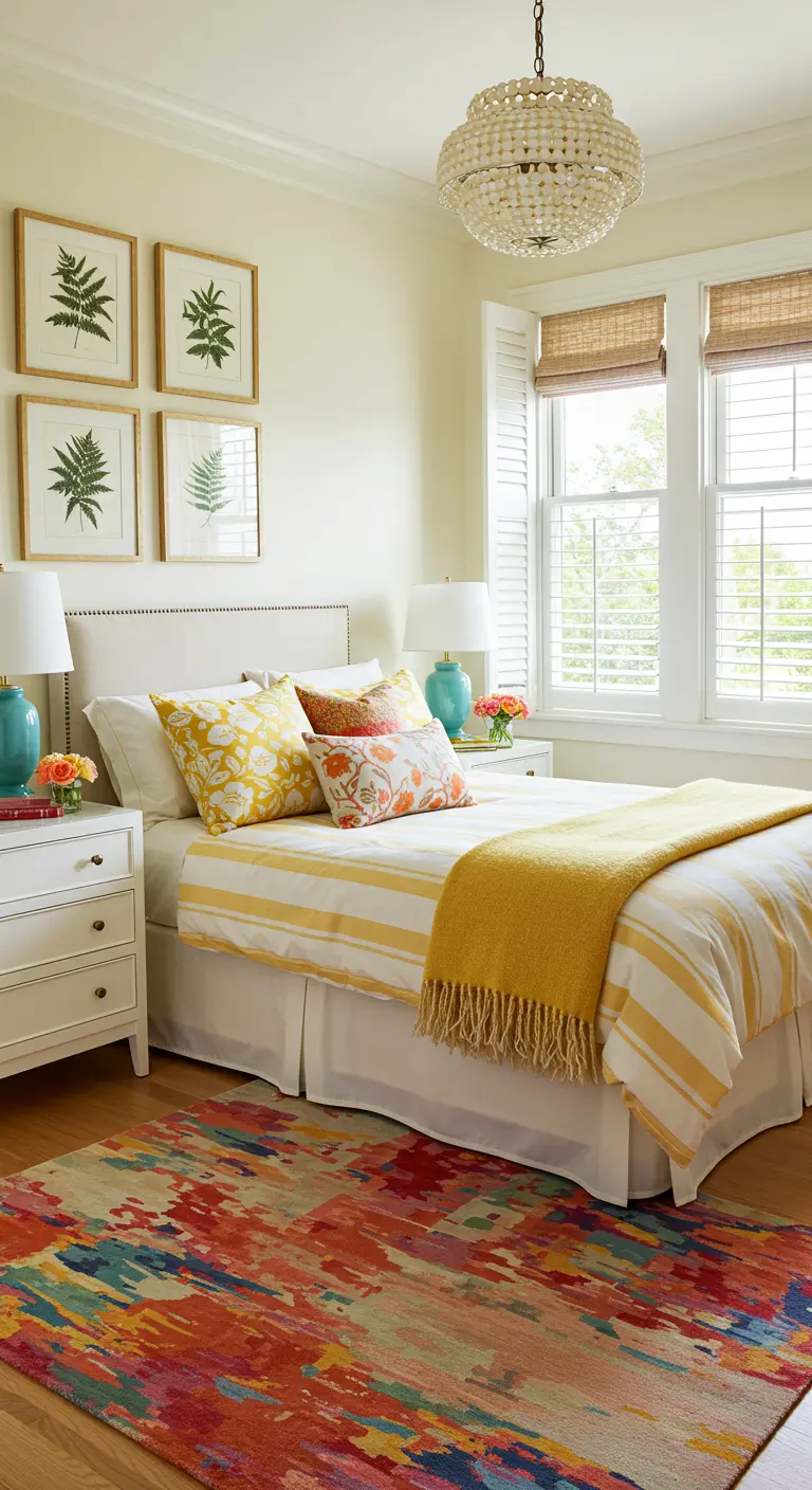 Chambre colorée avec un grand lit jaune et blanc, un tapis multicolore et des cadres de fougères.