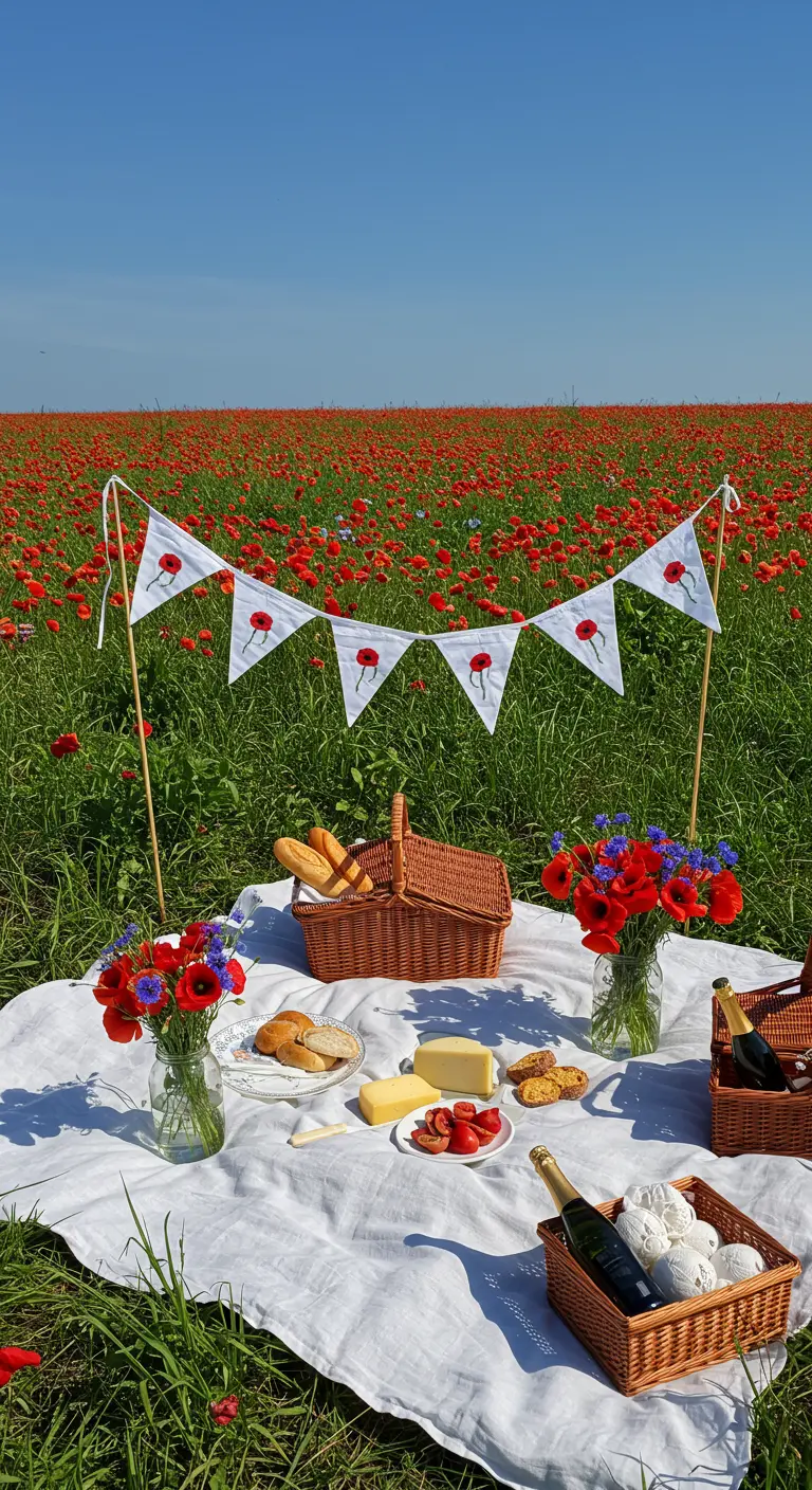 Pique-nique romantique dans un champ de coquelicots avec nappe blanche, paniers, bouquets et guirlande de fanions à motifs coquelicots.