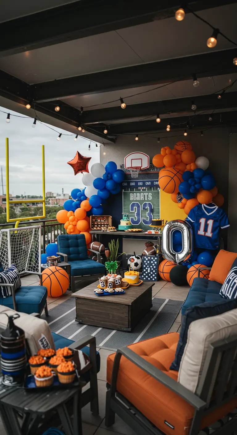 Terrasse décorée thème sport, ballons orange et bleu, paniers de basket.