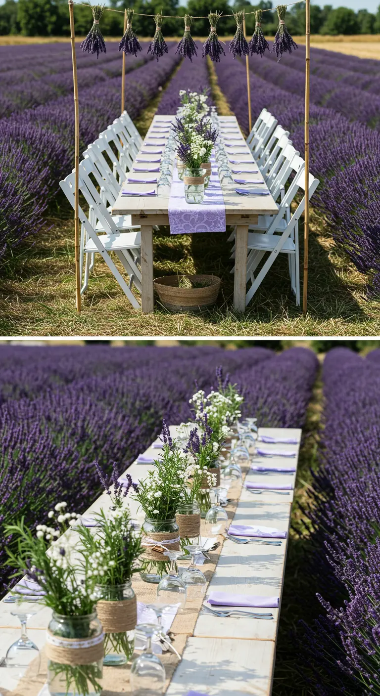 Table de mariage dans un champ de lavande, bocaux de fleurs blanches et lavande, chemin de table violet.