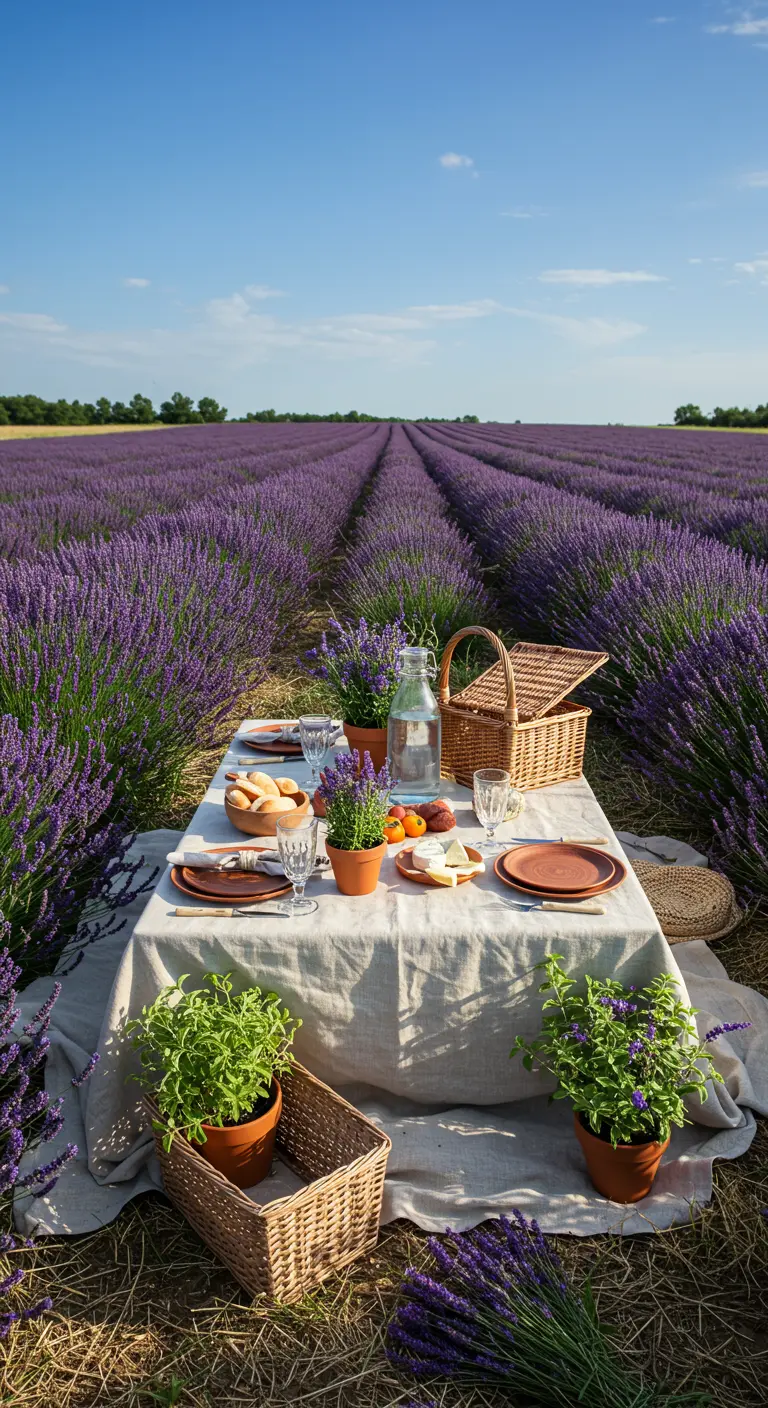 Pique-nique dans un champ de lavande avec table basse en lin, plantes de lavande en pot et fromages.