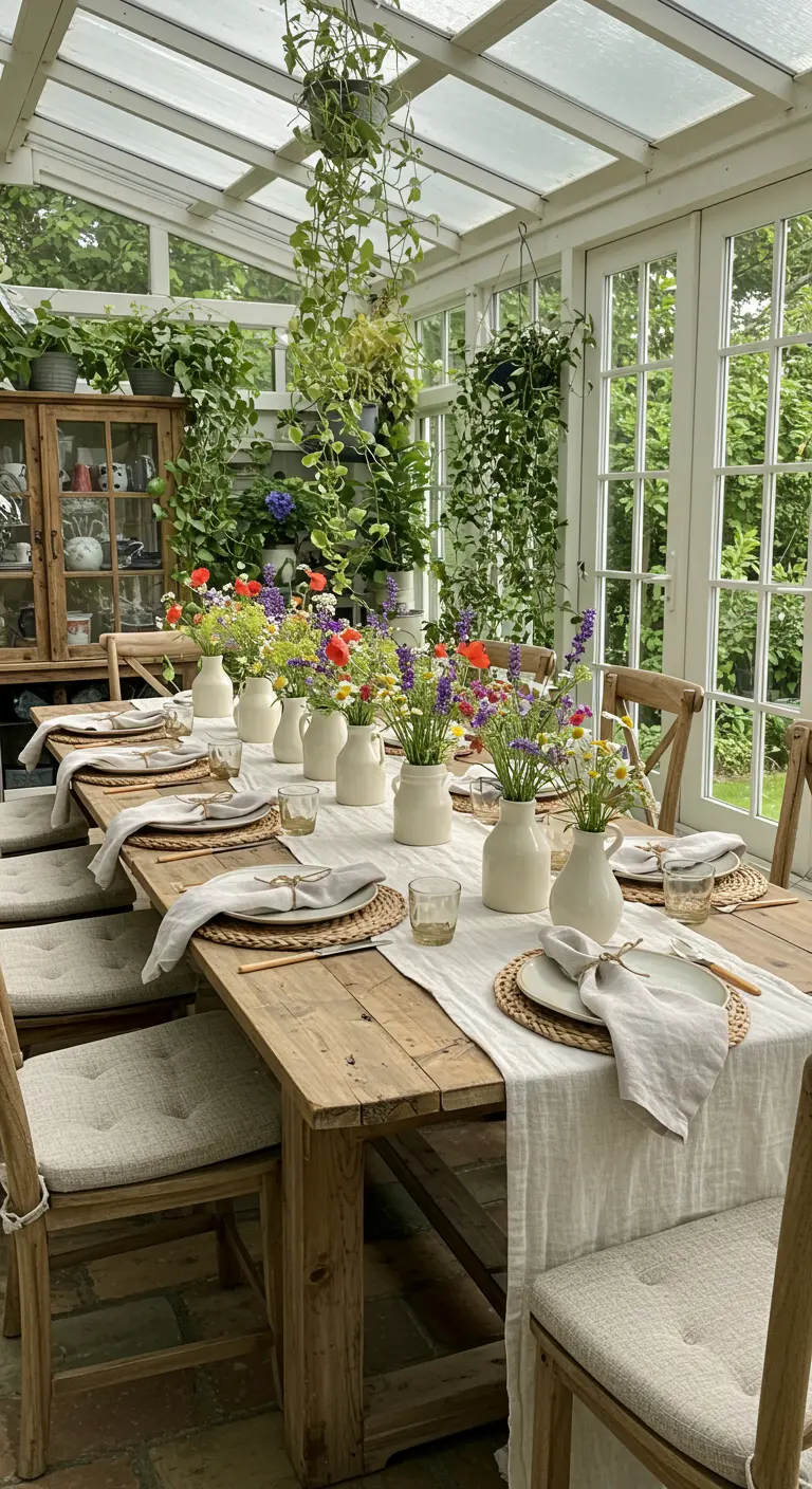 Longue table en bois dans une véranda avec de nombreux petits vases de fleurs sauvages.