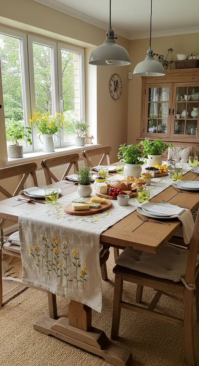 Chemin de table en lin brodé de fleurs jaunes sur table en bois rustique avec herbes aromatiques.
