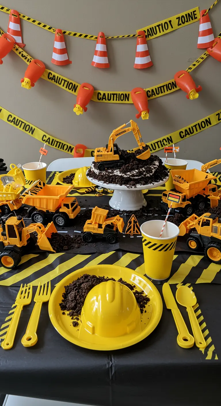 Table d'anniversaire chantier avec camions, gâteau-chantier et vaisselle jaune.
