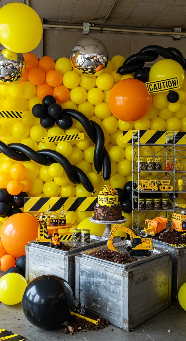 Mur de ballons jaune et noir pour une fête sur le thème chantier.