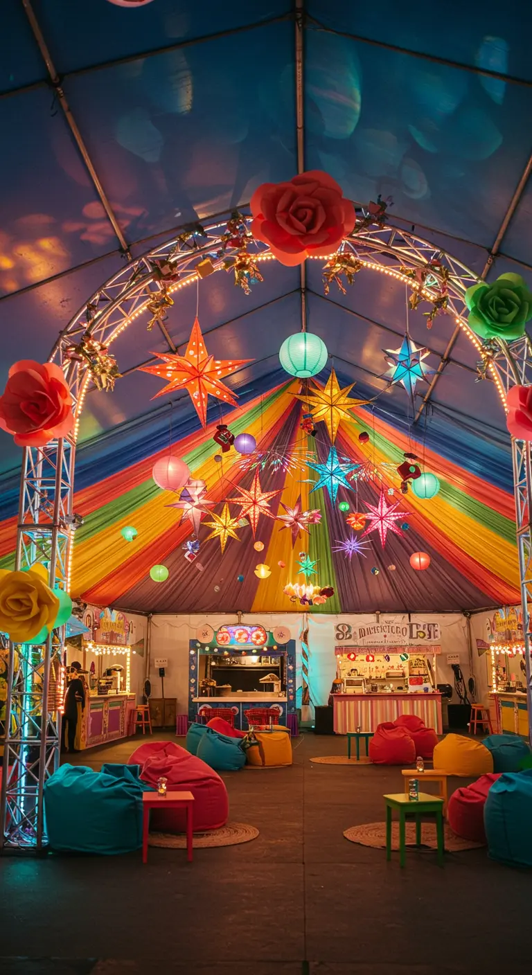 Intérieur de chapiteau décoré de tissus arc-en-ciel, d'étoiles lumineuses et de poufs colorés.