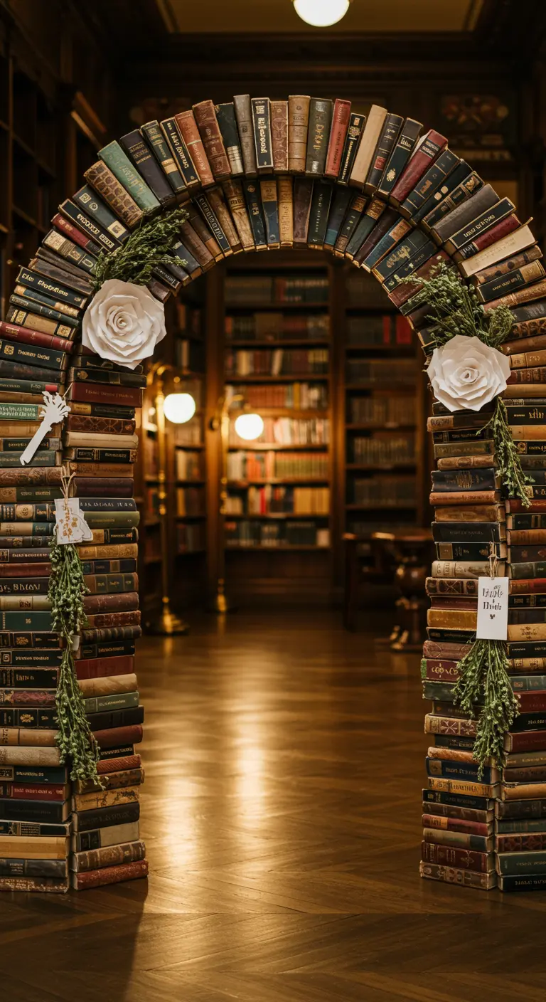 Arche de mariage entièrement construite avec des livres anciens dans une bibliothèque.