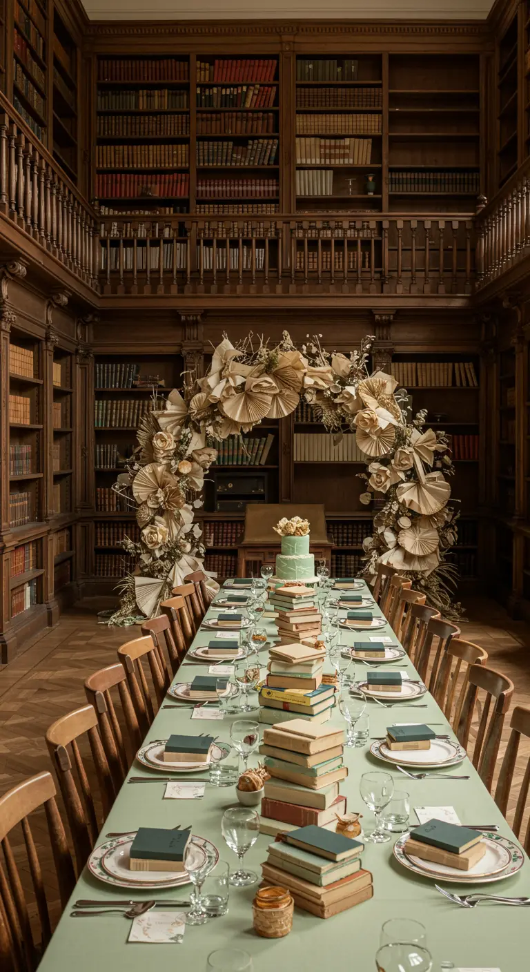 Table de fête dressée dans une bibliothèque, avec une arche faite de livres et d'éventails en papier.