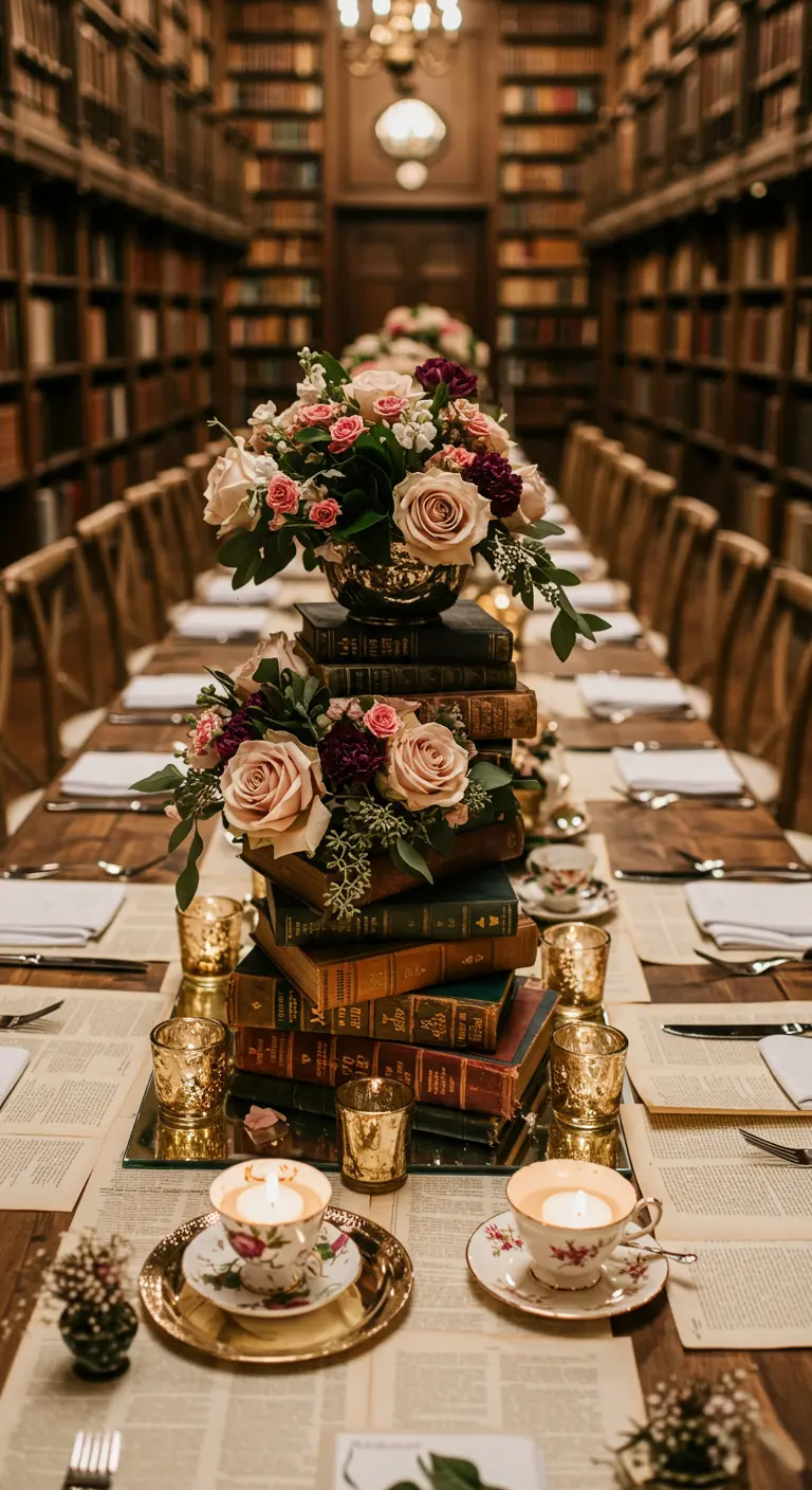 Centre de table composé d'une pile de livres anciens, de roses et de tasses de thé.
