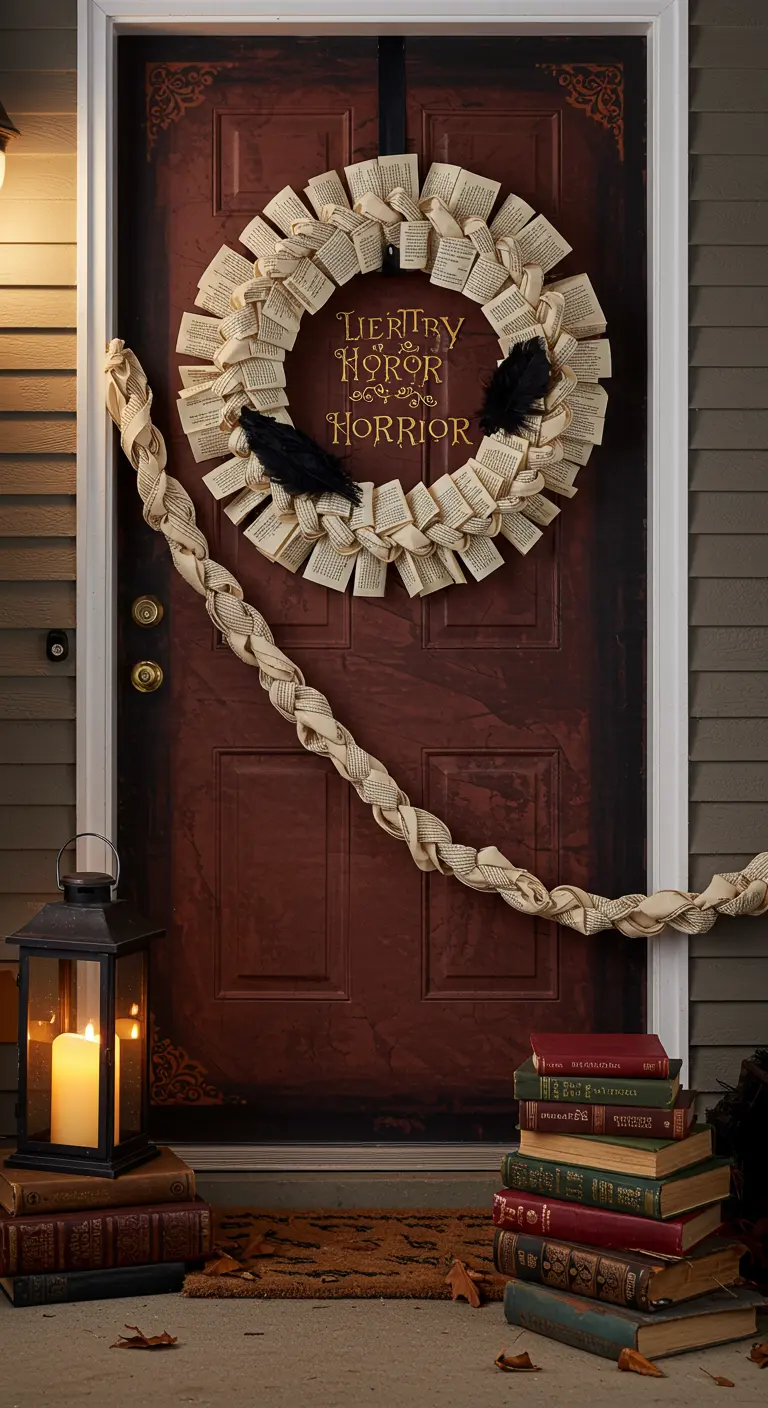 Couronne et guirlande faites de pages de livre sur une porte.