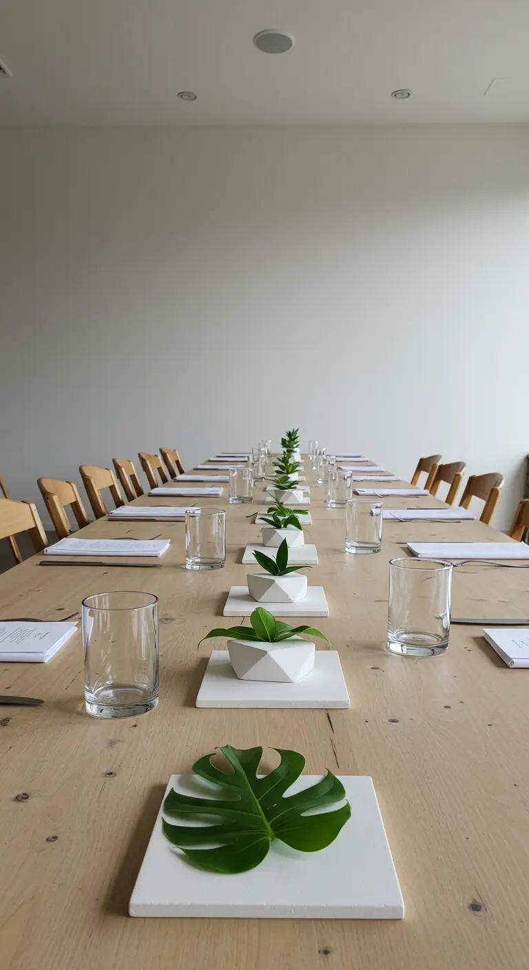 Longue table où chaque place est décorée d'une plaque blanche avec une feuille ou une plante.