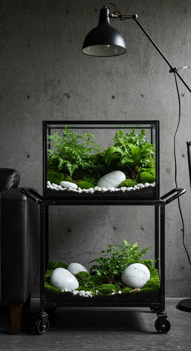 Chariot métallique noir à deux niveaux avec deux terrariums de fougères, mousse et pierres de marbre blanc.