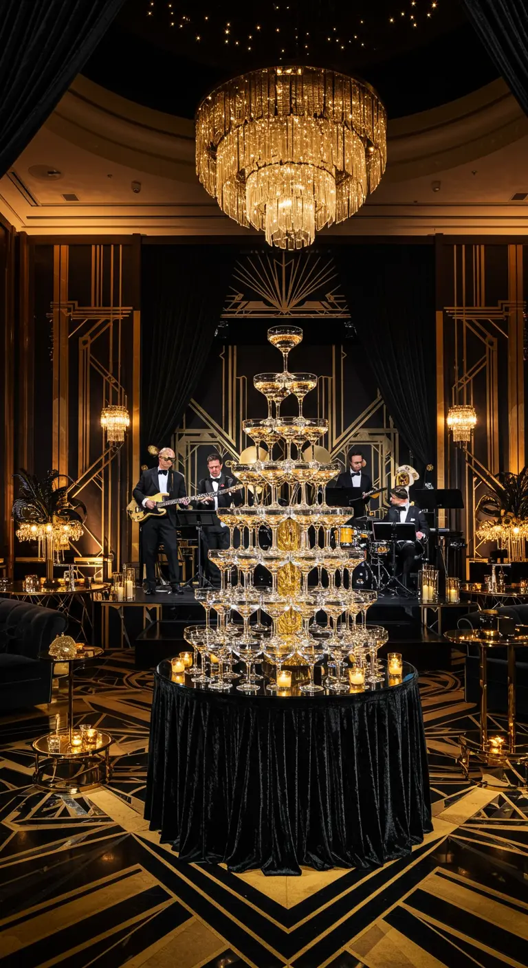 Soirée Art déco avec une pyramide de coupes de champagne et un groupe de jazz.