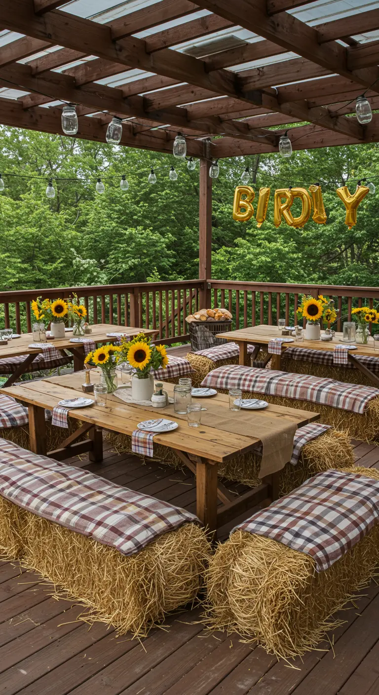 Terrasse rustique avec bottes de foin, nappes à carreaux et tournesols.