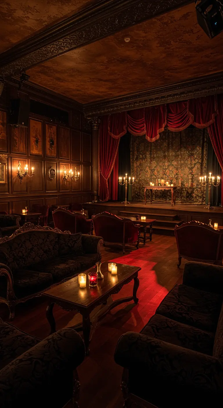 Salon d'époque avec boiseries, rideaux rouges, canapés baroques et petite scène.