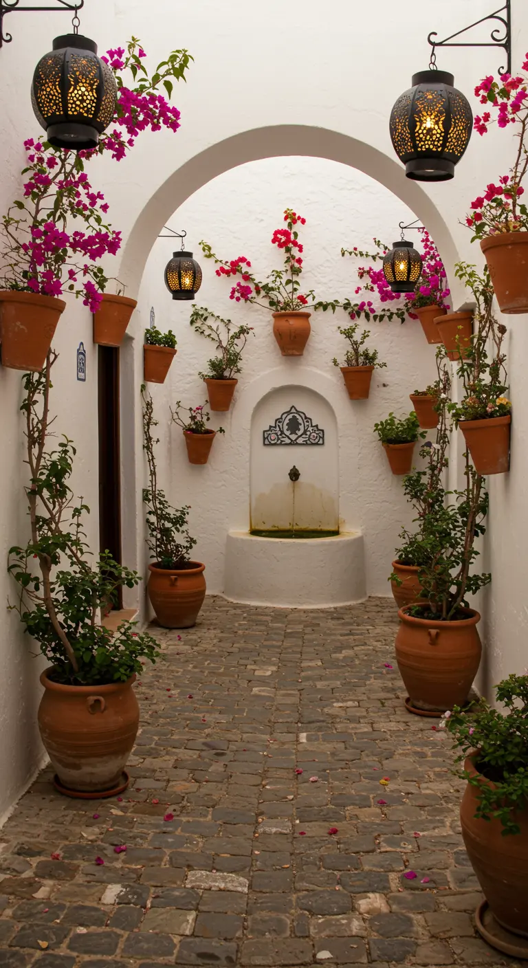Cour intérieure de style marocain avec lanternes métalliques sculptées, bougainvilliers et pots en terre.