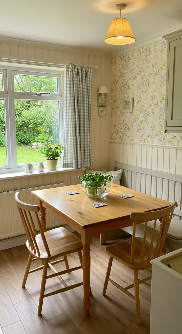 Coin repas de style cottage avec table en bois et bol en verre avec plante verte