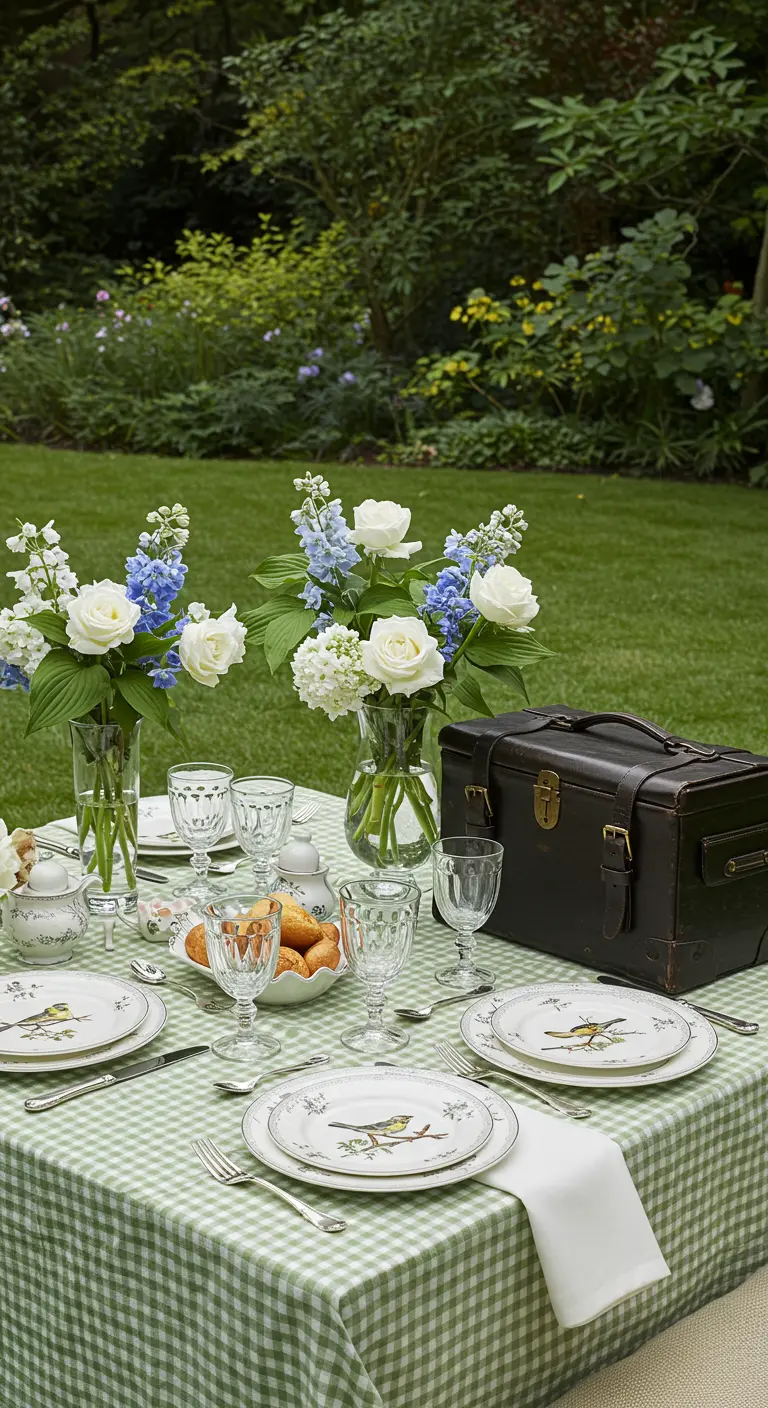 Pique-nique anglais avec nappe vichy verte, roses blanches, delphiniums bleus et vaisselle à motifs d'oiseaux.