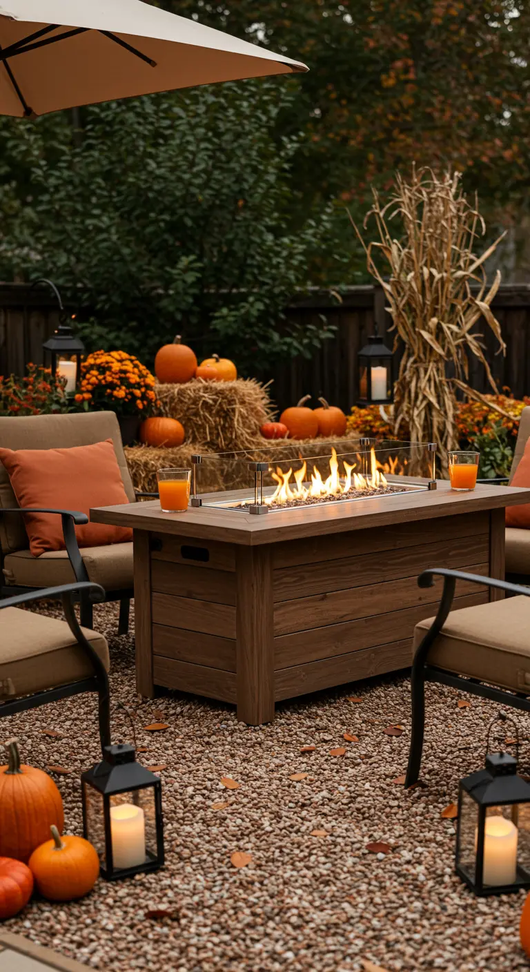 Patio d'automne avec table brasero, bottes de foin, citrouilles et lanternes.