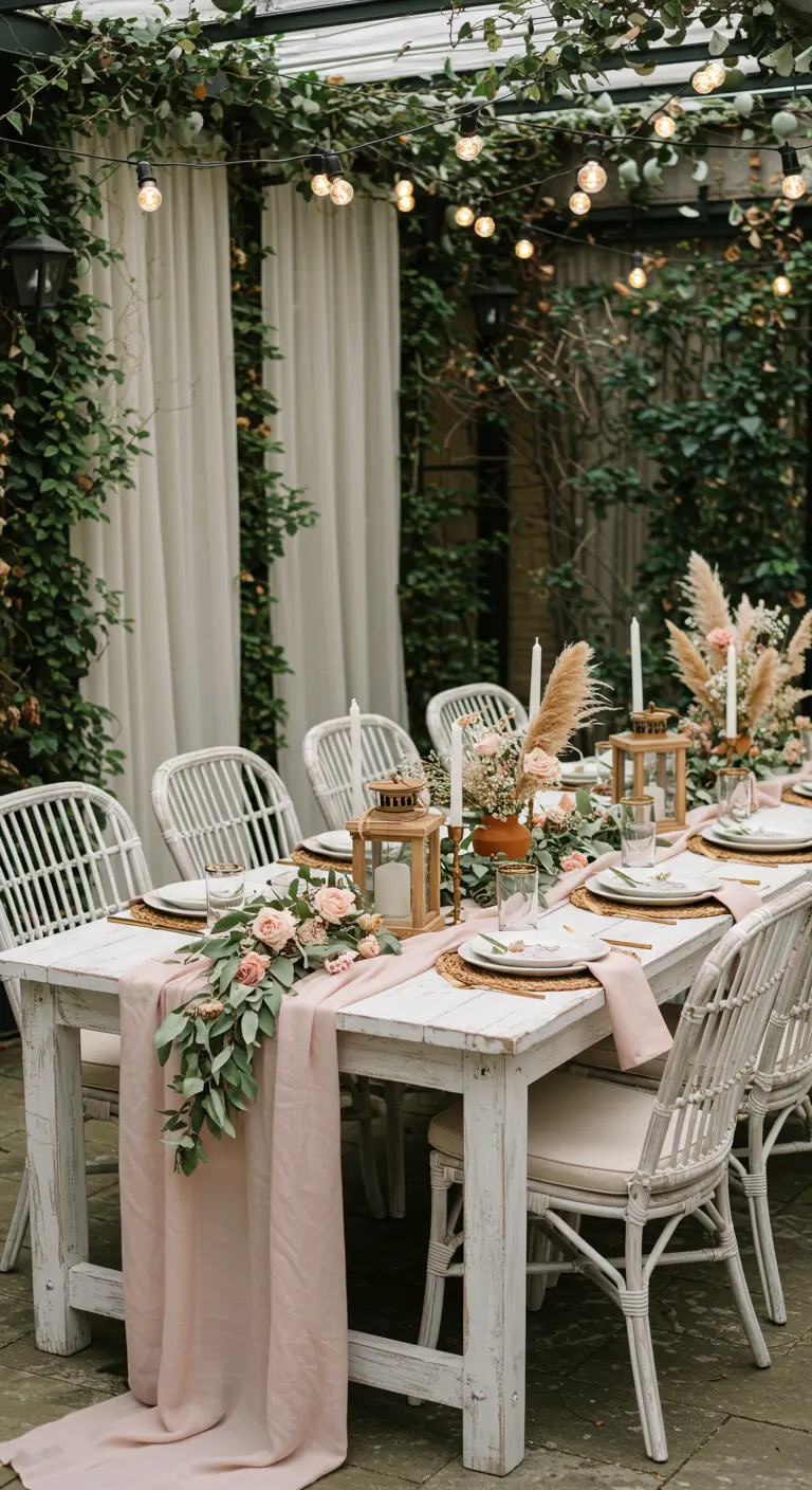 Table extérieure blanche avec chaises en rotin, chemin de table rose, bouquets de roses et lanternes en bois.
