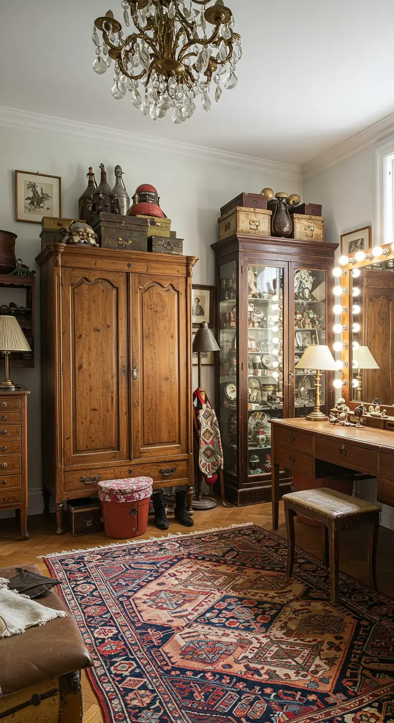 Dressing vintage éclectique, armoires anciennes, tapis persan, coiffeuse Hollywood.