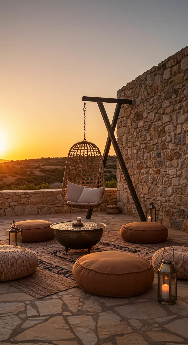 Fauteuil suspendu en rotin avec support en bois sur une terrasse en pierre.